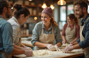 Diverse group of adults learning to bake bread together in workshop. Instructor guides students in kneading dough, fostering teamwork, shared skill development. People smile working with flour in