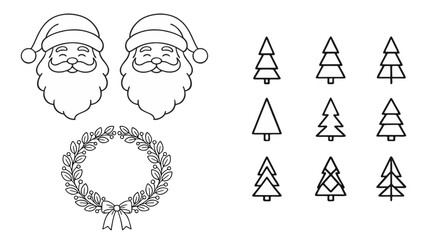 Minimalist Christmas Line Art Icons Set: Santa, Wreath, and Geometric Pine Trees