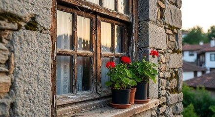 Rustic Stone Building Window with Flowers.