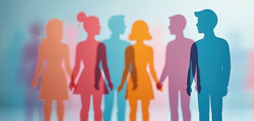 Obraz premium Diverse group of people silhouettes, men and women, stand together. Represents gender equality, social inclusion, unity and human rights issues. Colorful figures united.