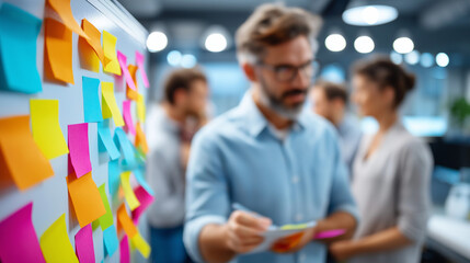 Creative workspace concept focused on future leaders with strategic planning and action directions on whiteboard, defocused organizational development, leadership cultivation space