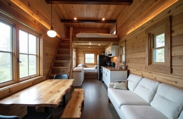Fototapeta premium Modern tiny home interior showcases wooden walls loft bed and compact kitchen area. White sofa and live edge dining table create cozy living space with large windows offering natural light.