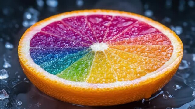 Vibrant rainbow-colored orange slice with water droplets on dark surface