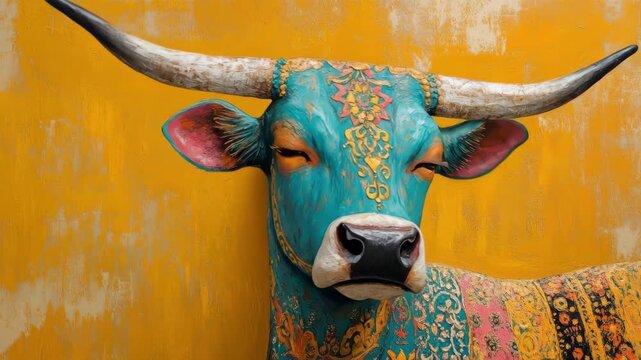 Colorful painted bull with intricate patterns on golden background