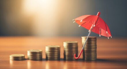 Coins stacked in ascending order with a red umbrella on top for financial protection on a wooden surface.