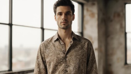 Obraz premium Confident Young Man in Patterned Shirt Posing Indoors.