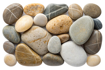 A collection of light grey, white, and green beach pebbles isolated on a bright background, representing a journey
