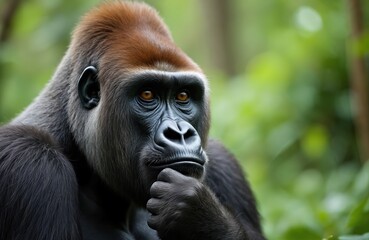 Obraz premium Adult male gorilla contemplates with chin resting on hand. Powerful primate with intelligent eyes gazes thoughtfully, set against rich jungle foliage background. Wild ape appears in deep reflection.