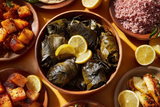 Romeritos arranged in bowls on bright yellow background, featuring collard greens, lemons, rice, plantains, and pita. Concept of colorful, inviting Mexican cuisine. 