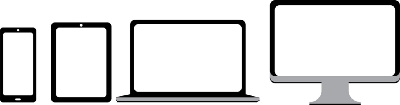 Digital device mockups set with phone, tablet, laptop and computer. Simple black outline icons on white background. Modern technology illustration for web design, presentations and UI/UX projects.