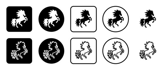 Icon set of fiery horse symbol. Filled, outline, black and white icons set, flat style.  Illustration on transparent background