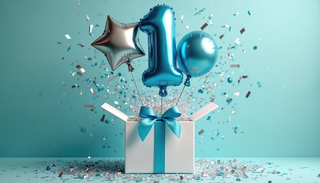 White gift box with blue ribbon opens to reveal number 1 balloon star and round balloons floating up with falling confetti. Celebrate first birthday event, childs party surprise gift.
