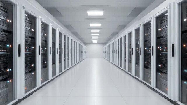 Modern Data Center with Rows of Server Racks Under Bright LED Lighting in a Clean Environment Background 4k video footage
