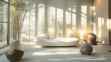 Modern luxury living room with beautiful single bed and couch with unique glass window 