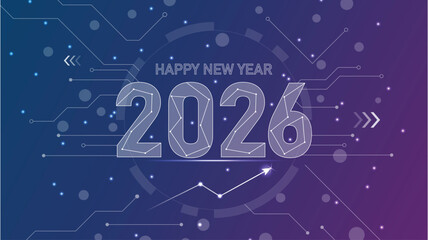 A modern vector illustration symbolizing the start of 2026 and its connection to technology, digital growth, and innovation. The background is a dynamic gradient that shifts from deep blue to purple.