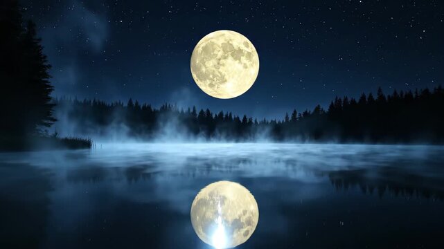 Mystical full moon night reflecting on calm lake with dreamy fog rolling over water and dark forest silhouette in background, 4k