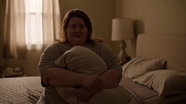 A sad woman sitting on a bed, clutching a pillow with tears in her eyes Stock Video