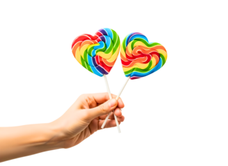 A hand holding two colorful heart shaped lollipops isolated on transparent background