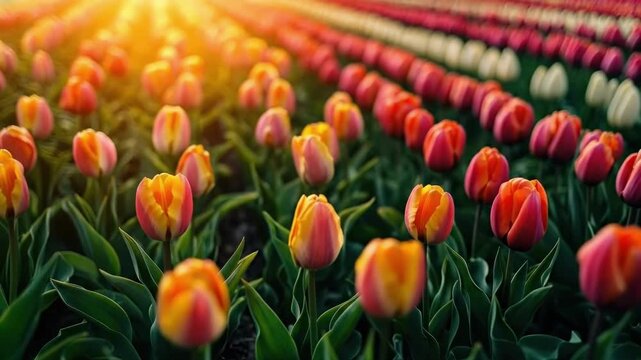 Vibrant tulip field at sunrise with colorful rows of blooming flowers. International Women's Day, March 8th, IWD. Mother's Day, Mothering Sunday, Dia de la Madre