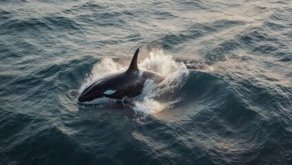 Naklejka premium Aerial shot captures a killer whale breaching the ocean's surface, sunlight shimmering
