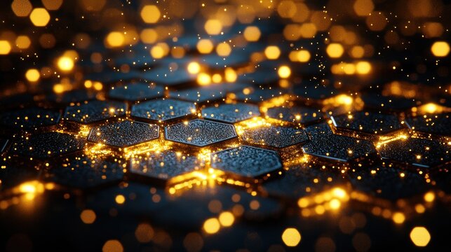 Dark hexagonal grid with golden sparks - Powered by Adobe