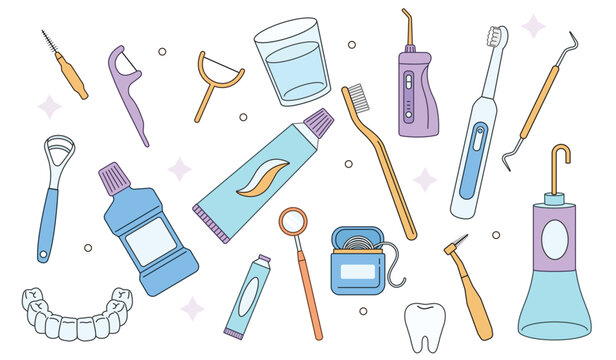 Dental Care Tools and Oral Hygiene Products Flat Illustration. Oral hygiene and dental care vector illustration set. Collection of toothpaste, mouthwash, interdental brushes, tongue cleaner, electric 