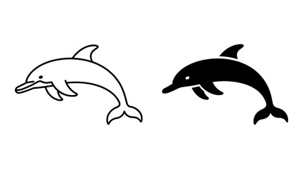 Fototapeta premium A simple line art and silhouette design set of a leaping dolphin icon