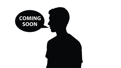 A silhouette of a man's profile with a speech bubble displaying the text coming soon