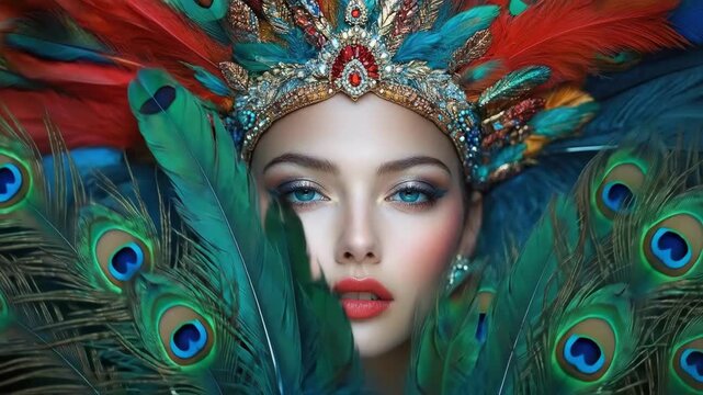 Young woman in vibrant feather headdress with bold makeup and jewel accents