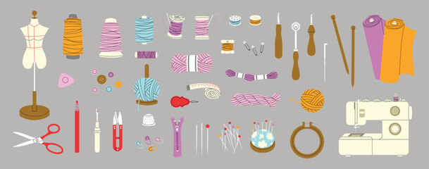 Sewing equipment set on a grey background, vector illustration.