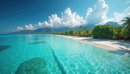 Fototapeta premium Tropical island with white sand beach blue ocean water and palm trees. Sailboat floats on clear turquoise sea near mountains under cloudy sky. Rich green vegetation covers coastal land.