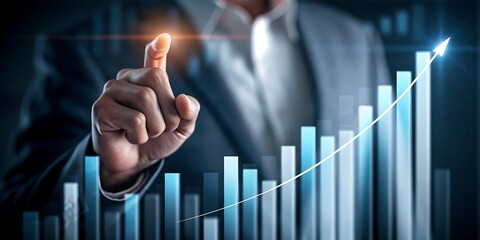 Businessman pointing at rising graph with finger on white background suit hand