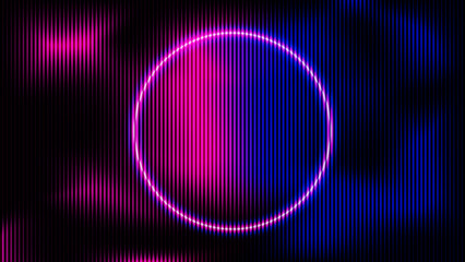 Futuristic Cyberpunk Background with Glowing Neon Circle and Vertical Line Pattern.
