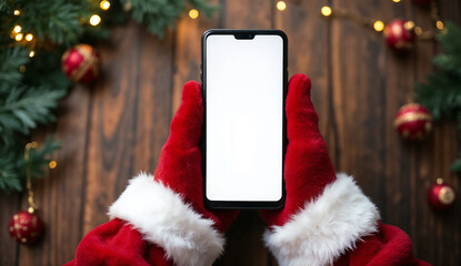 Santa hand holding smartphone with blank screen on wooden background with Christmas decorations