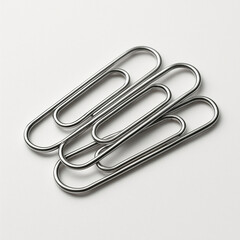 Macro close-up of shiny metal paper clips, office supplies and equipment, isolated on a white background