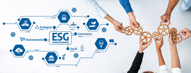 A visual representation of sustainable business concepts focusing on environmental, social, and governance practices with gears symbolizing teamwork and strategy development. Amity © InfiniteFlow