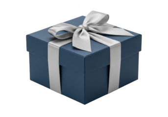 A closed blue gift box with a silver ribbon and bow, isolated on a transparent background