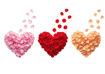 Three heart shapes made of rose petals in pink, red, and orange, with falling petals, isolated on transparent background