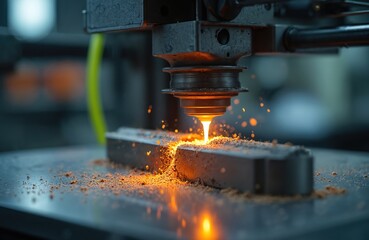 Industrial machine cuts metal part with laser beam. Sparks fly from hot material during precision manufacturing process. Automated workshop creates complex prototypes with advanced tech.