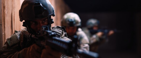 Obraz premium Close quarters combat training involves disciplined soldiers executing precise tactical maneuvers inside confined indoor spaces