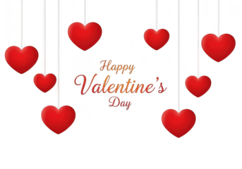 Happy valentines day message with red hearts hanging on strings, isolated on transparent background