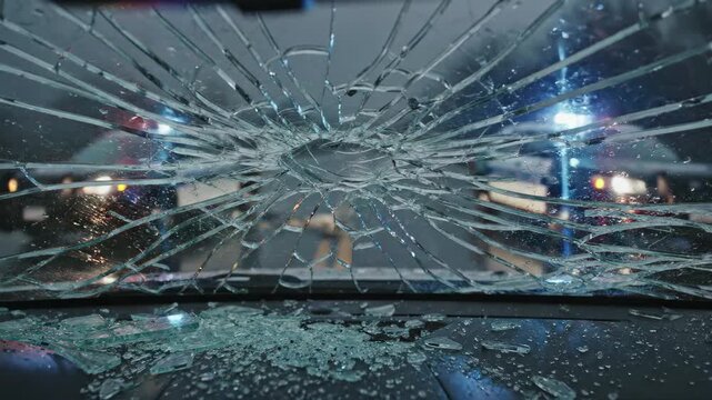 Urgent emergency response with flashing red and blue lights seen through shattered car windshield after accident sequence, 4k