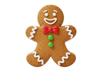 A cheerful gingerbread man cookie with a red bow tie and green candy buttons, isolated on transparent background