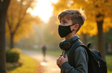 Young boy wearing face mask outside. Teenager with headphones and backpack stands in the park. Student wearing mask during pandemic back to school. Autumn season. Covid-19 protection and safety