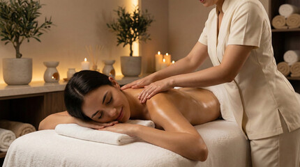 young woman receiving a relaxing oil back massage at a luxury spa lying centered in a perfect side view while the masseuse gently works on her back