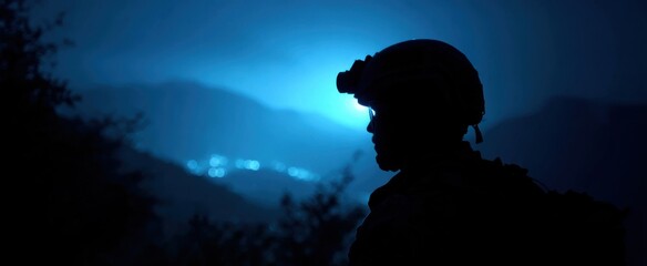 Naklejka na ściany i meble Nighttime operation involving soldier monitoring heat signatures via advanced optics technology.