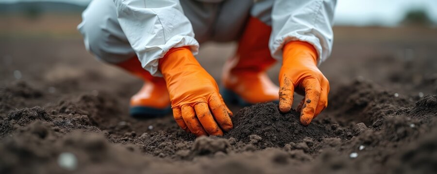 Scientist wears protective suit and gloves. Person collects soil samples for environmental research analysis. Examines dirt for pollution testing and land assessment in outdoor field.