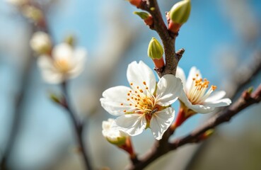 Macro shot of delicate white spring blossoms on a tree branch. Soft petals and yellow stamens contrast with blue sky. New life starts to bloom in warmth.