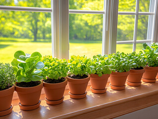 Fototapeta premium Lush green plants thriving in terracotta pots on a sunlit windowsill, with a vibrant garden visible outside