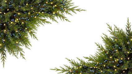 Obraz premium Festive juniper branches with fairy lights and blue berries framing